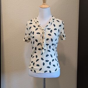 ModCloth Umbrella Print Tie Neck Blouse Cream XS